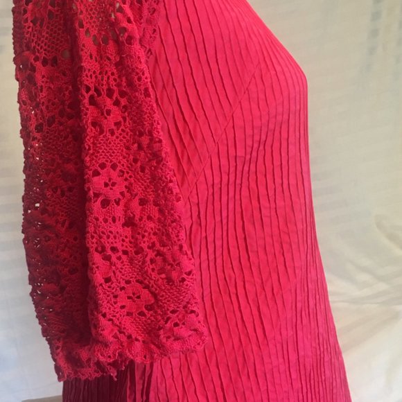 Pink Raspberry Boho Mexican Mod Pintuck Cotton Dress Crocheted Sz S/M Vintage - Picture 8 of 16
